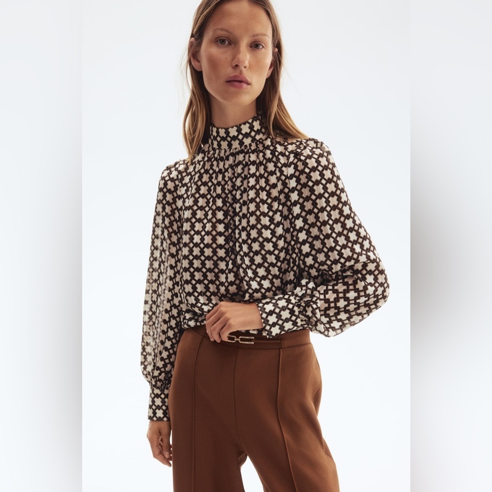 H&M Stand-up Collar Blouse in Black/Brown Check Print
